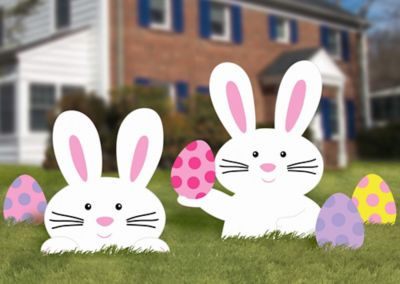 Tumbling Bunnies Yard Stakes for Easter Set of 4 Signs Large 20 inch x 28 inch Size Outdoor Easter Decorations and Egg Hunt Decor 