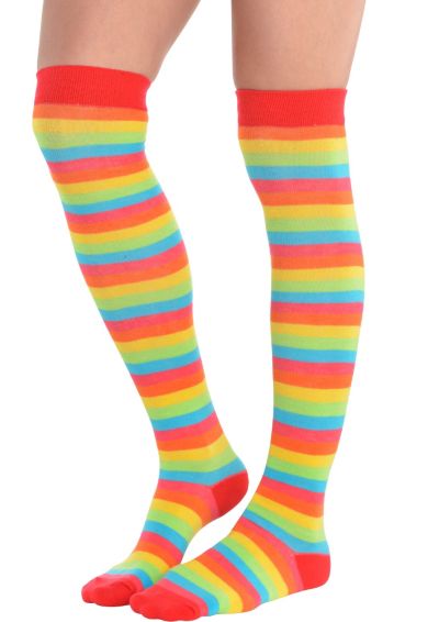 Ladies Rainbow Stripes Knee Highs Socks Clown Red Yellow Blue Costume Accessory 