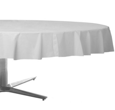 White Plastic Round Table Cover 84in, Round Table Covers Party City
