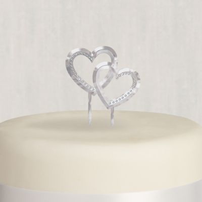 Romantic Crystal Silver Double Heart Topper Wedding Decoration Cake Topper 
