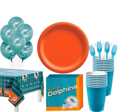 Party City Miami Dolphins Super Party Supplies for 36 Guests, Include Plates, Napkins, Table Covers, and Balloons