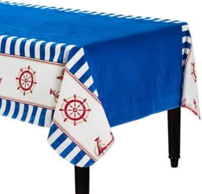 Striped Nautical Flannel-Backed Vinyl Tablecloth 52in x 90in | Party City
