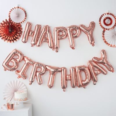 Rose Gold Birthday Party Decoration for Girl with Happy Birthday Letter Banner Champagne Goblet Shape Balloons and Rose Gold Balloons 