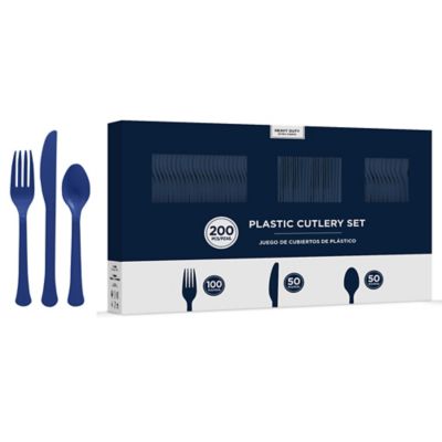 True Navy Blue Heavy-Duty Plastic Cutlery Set for 20 Guests, 80ct