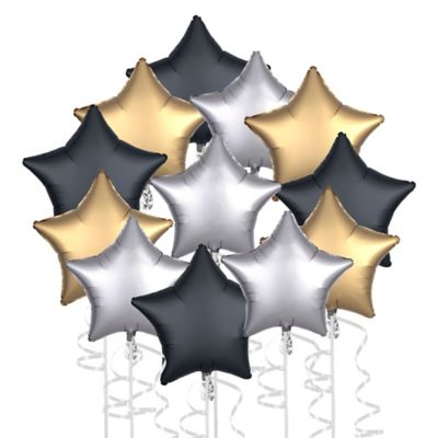 Satin Black, Silver & Gold New Year's Star Foil Balloon Bouquet