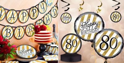 White & Gold Striped 80th Birthday Party Supplies - Party City