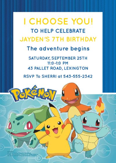20 Pokemon Birthday Party Invitations FREE Personalisation and FREE Envelopes.