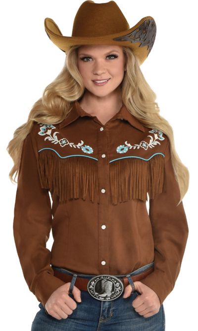 Brown Western Cowgirl Button Up Fringe Shirt for Adults | Party City